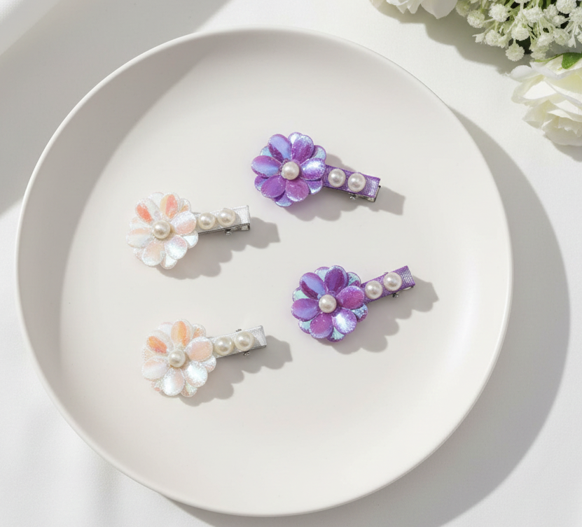 Kids Pearly Metallic Floral 2 Pairs of Baby Hair Clips - Mauve