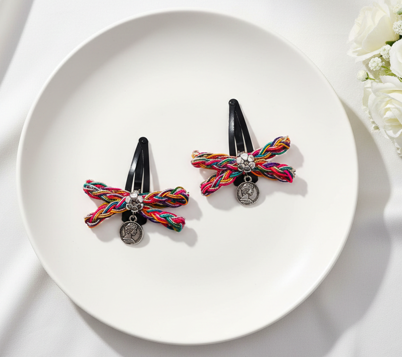 Image of Kids Dangling Coin Detalied  Set of 2 Bow Clips -  Multicolour