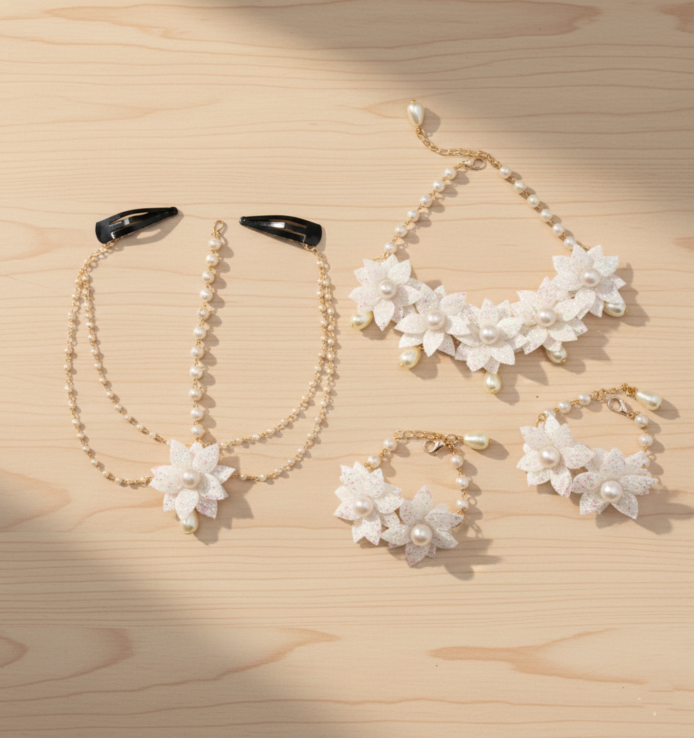 Kids Aalya Shimmery Floral Necklace, Bracelets & Head Chain Set