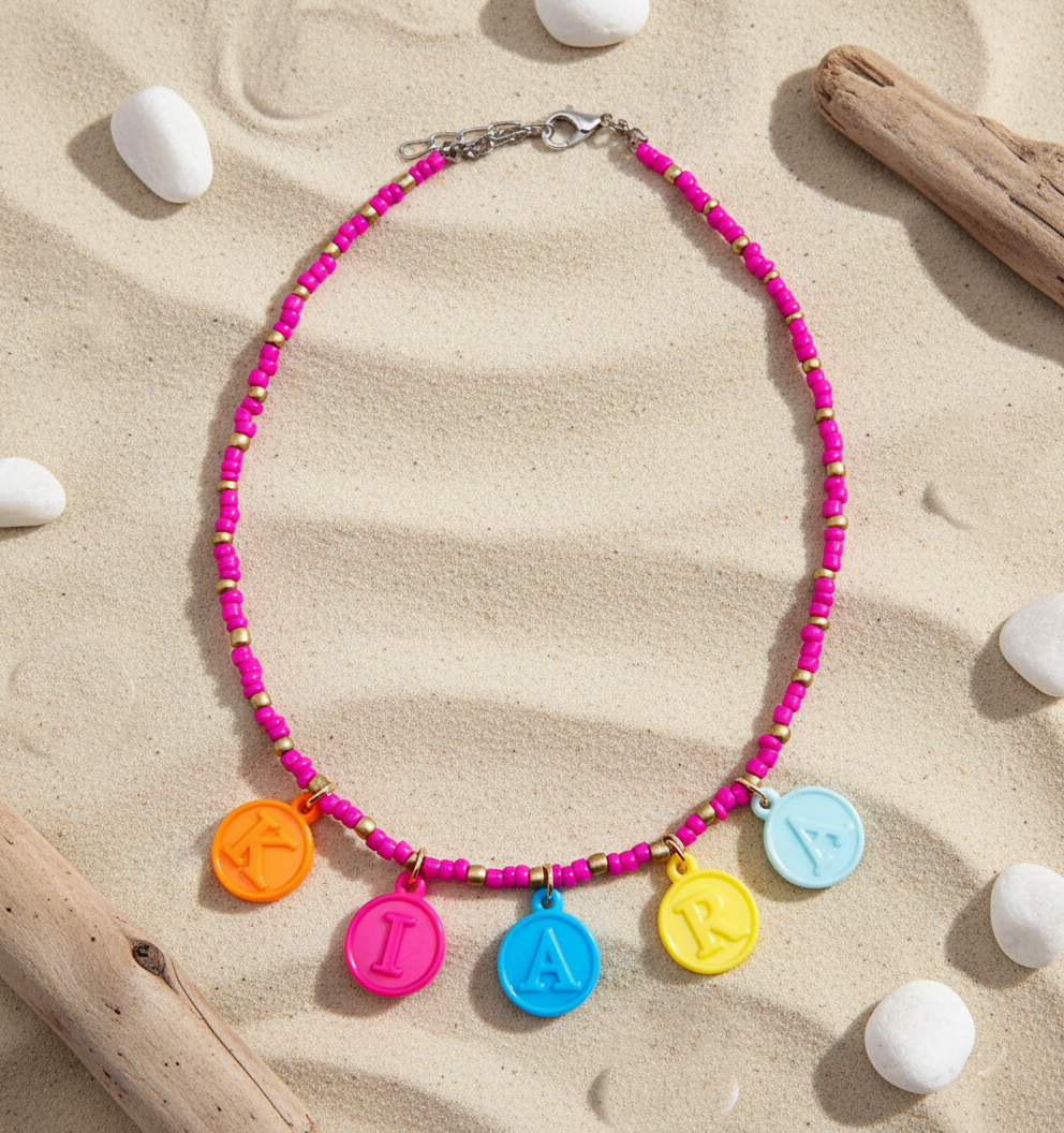 Kids Seed Beaded Personalised Name Charms Necklace- Multicoloured