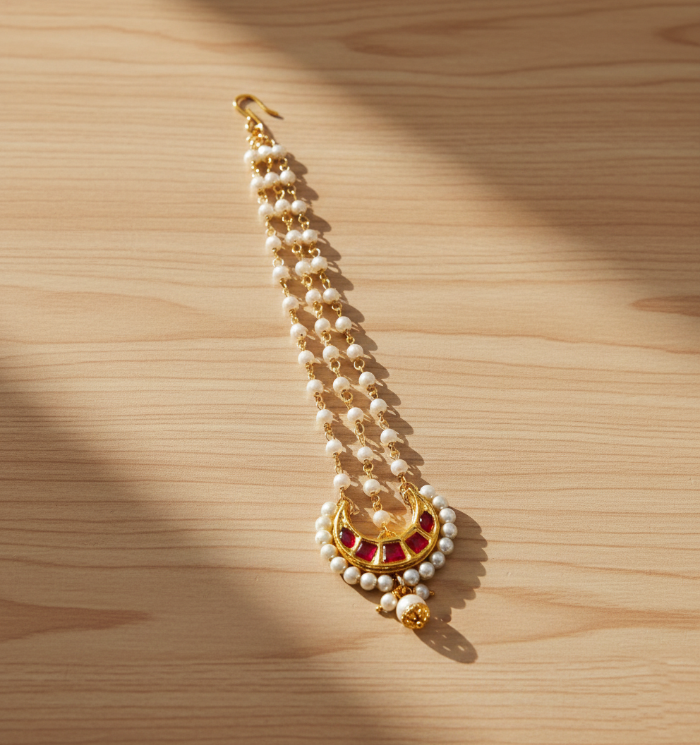 Kids Chand Kundan & Pearls Passa Maang Teeka - Dark Pink