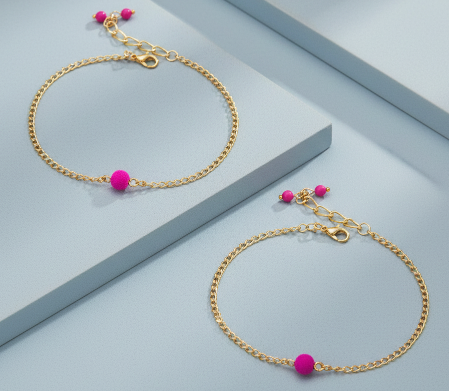 Kids Pearl Bead Detailed Anklets - Dark Pink