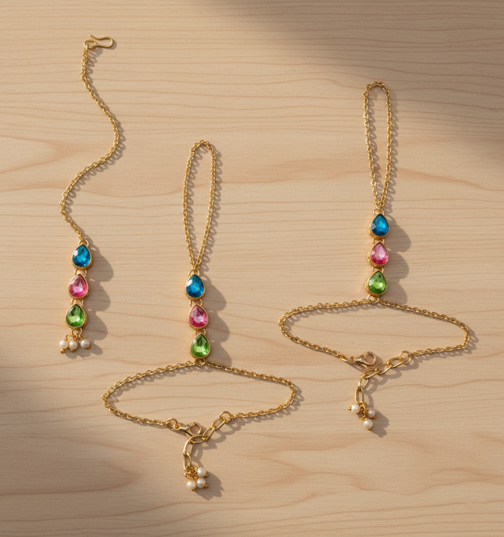 Kids Tarang Kundan 2 Haath Phools & Maang Teeka Set- Multicolour