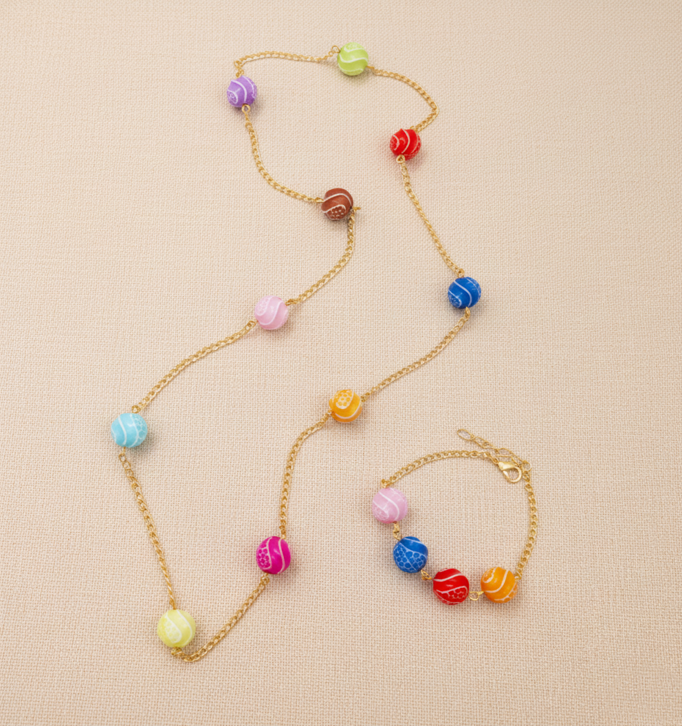Kids Multi Bead Long Chain Necklace & Bracelet Set