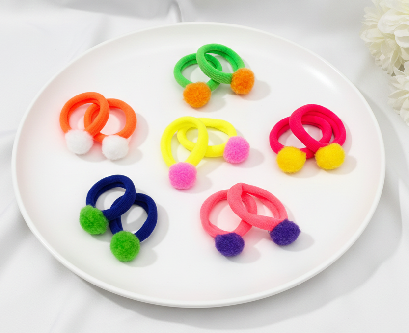 Image of Kids Neon Pom Pom Rubberband Set of 12