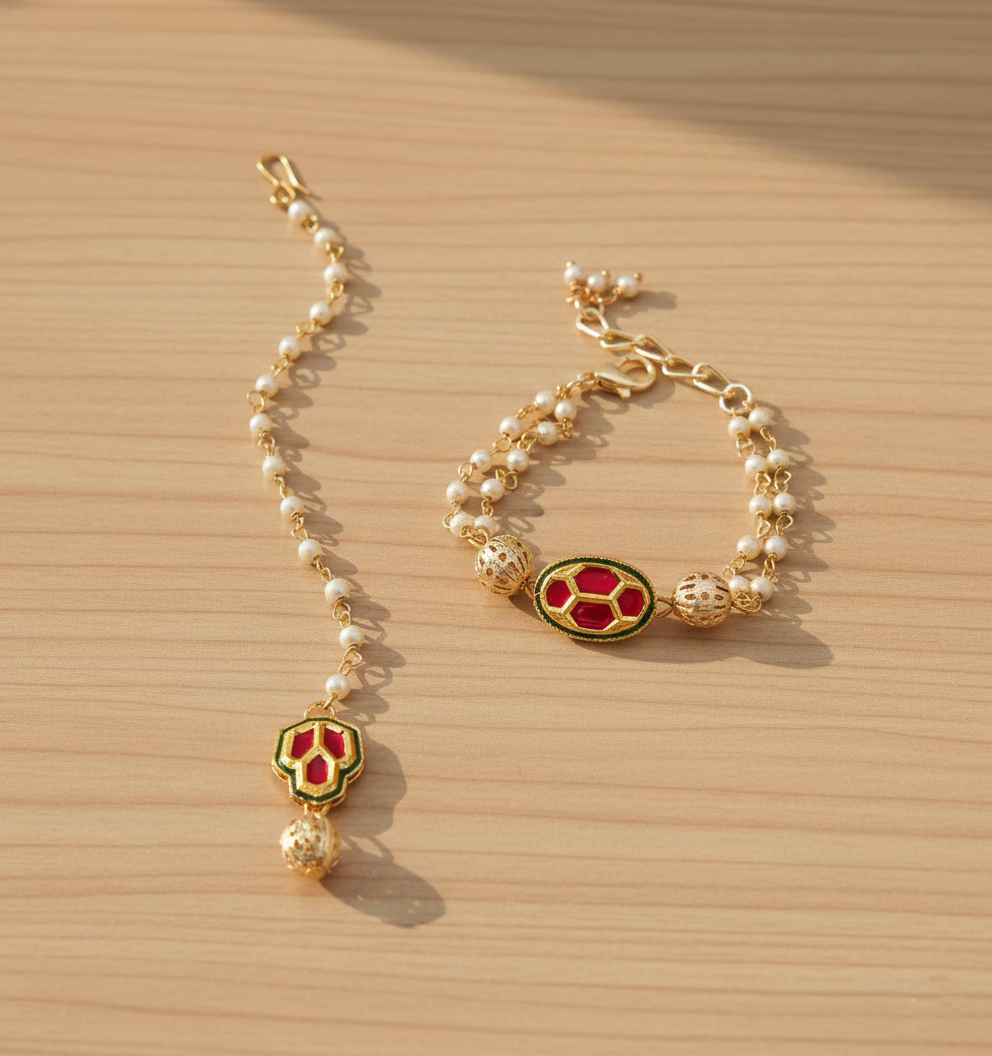 Kids Kohinoor Kundan Maang Teeka & Bracelet Set - Dark Pink