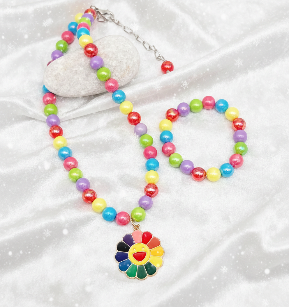 Kids Smiley Flower Charm Beaded Necklace & Bracelet Set