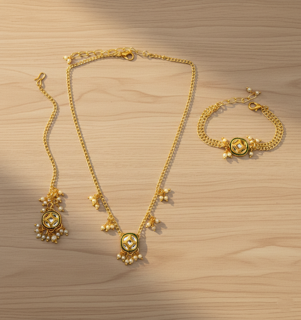 Kids Saba Kundan & Pearl Detailed Necklace, Bracelet & Maang Teeka Set - Gold