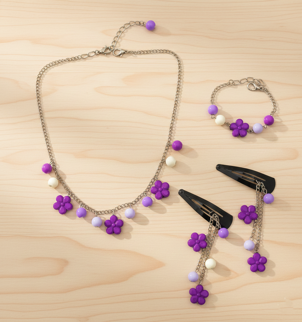 Kids Beaded Necklace, Bracelet & Hair Clips Set