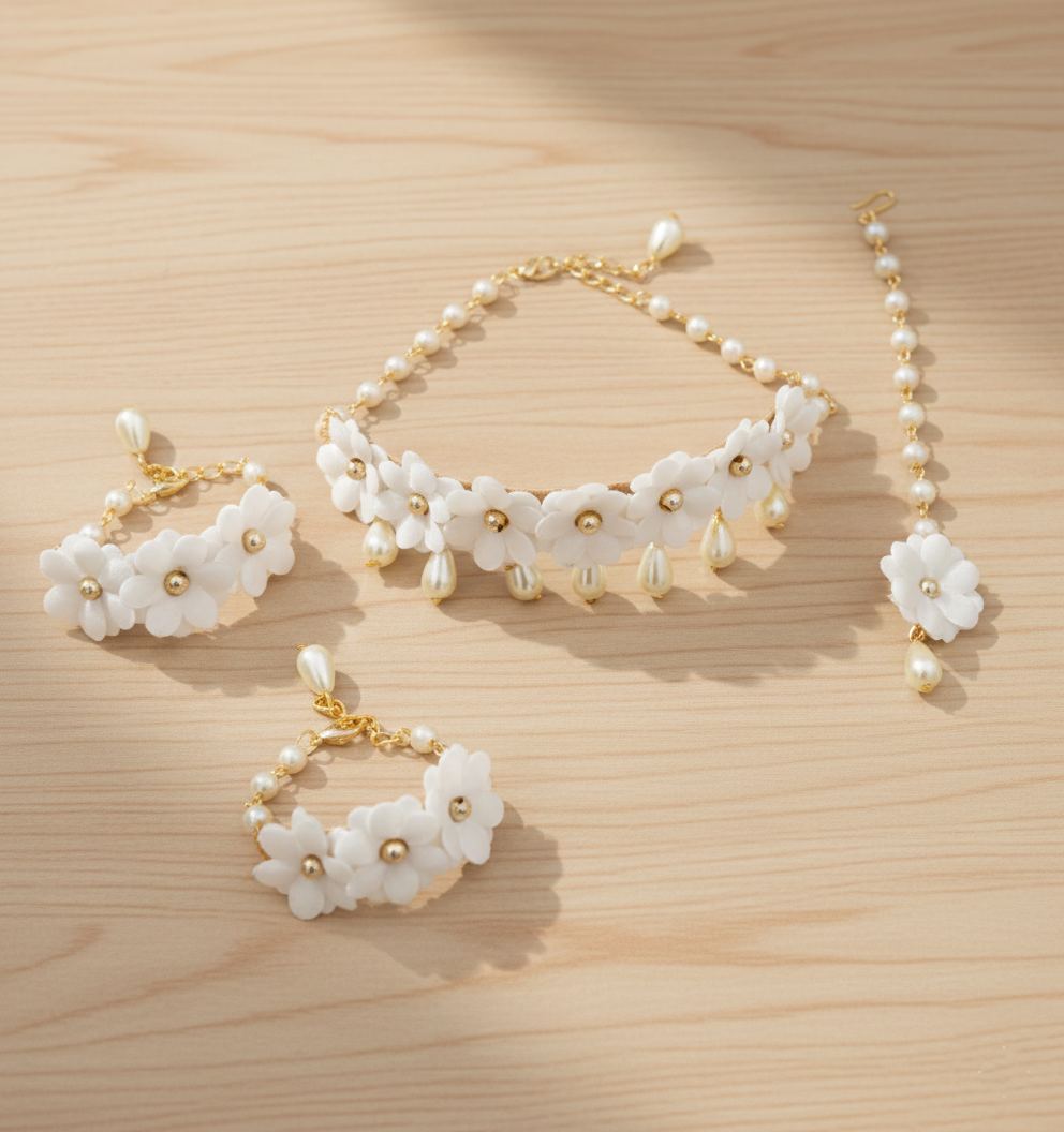 Lavanya Floral Necklace, 2 Bracelets & Maang Teeka Set - White