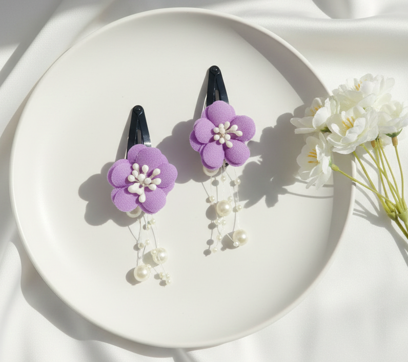 Kids Pearl Dangle Flower Clips - Mauve