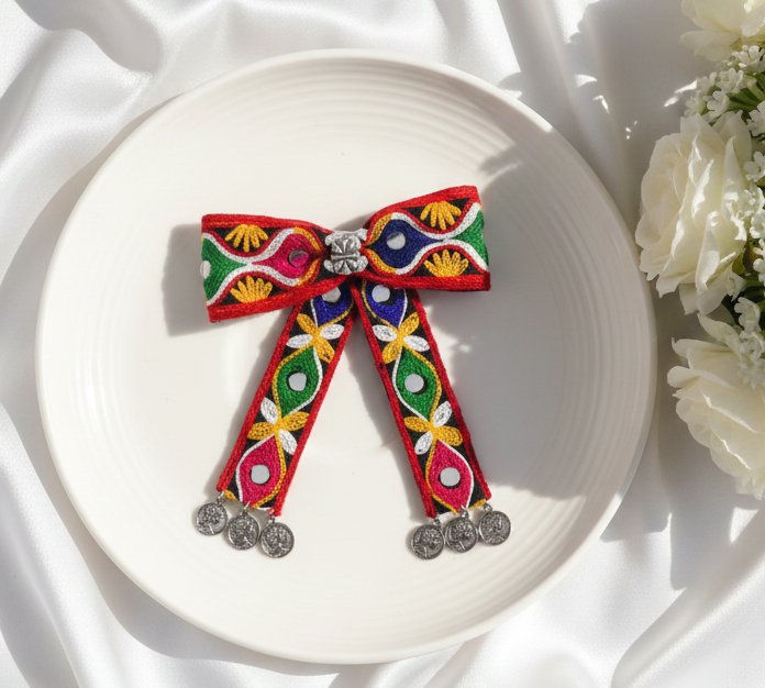 Kids Rangeeli Mirror & Dangling Coins  Bow Clip - Black & Multicolour