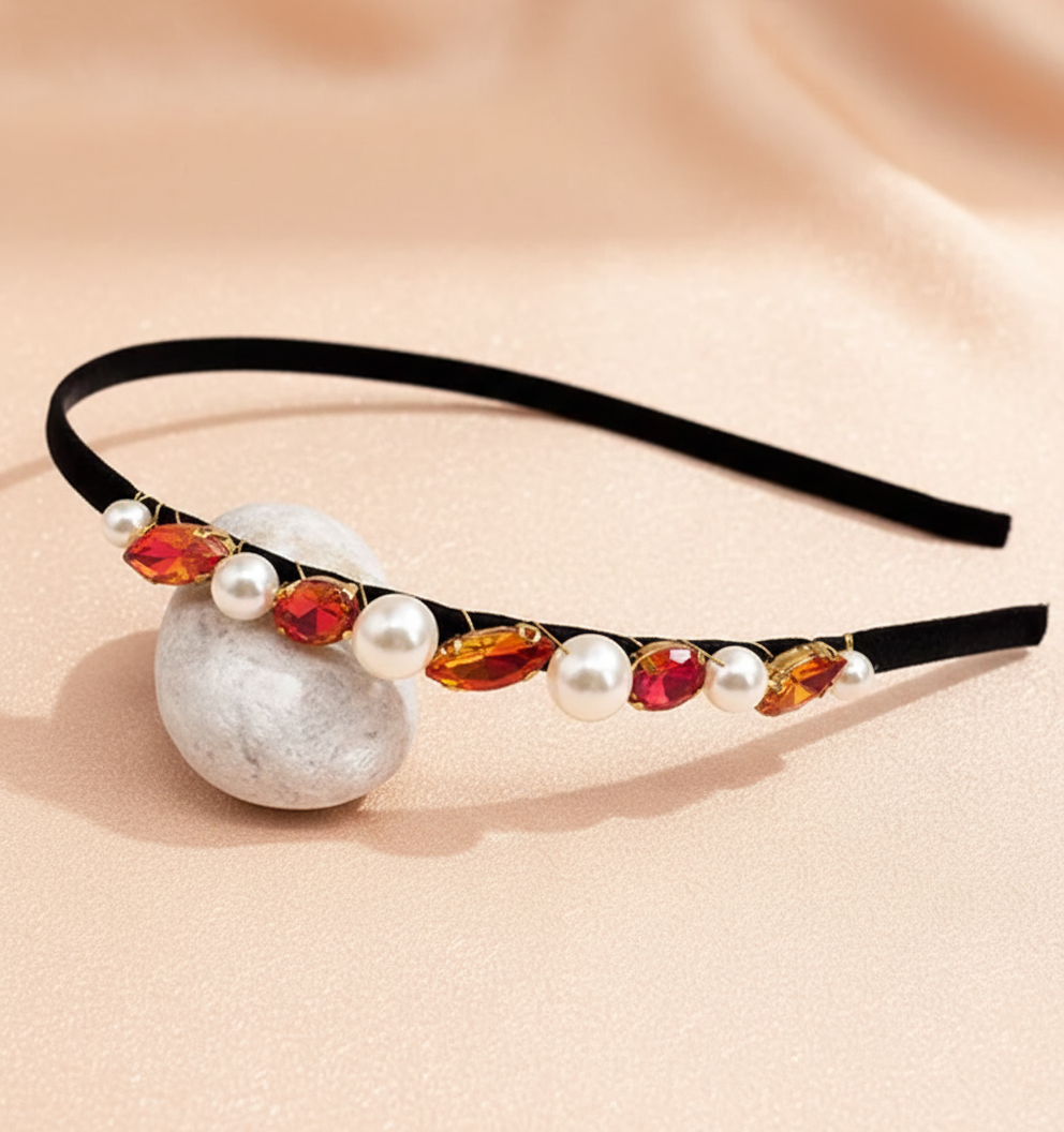 Kids Crystals & Pearls Jewelled Hairband - Coral
