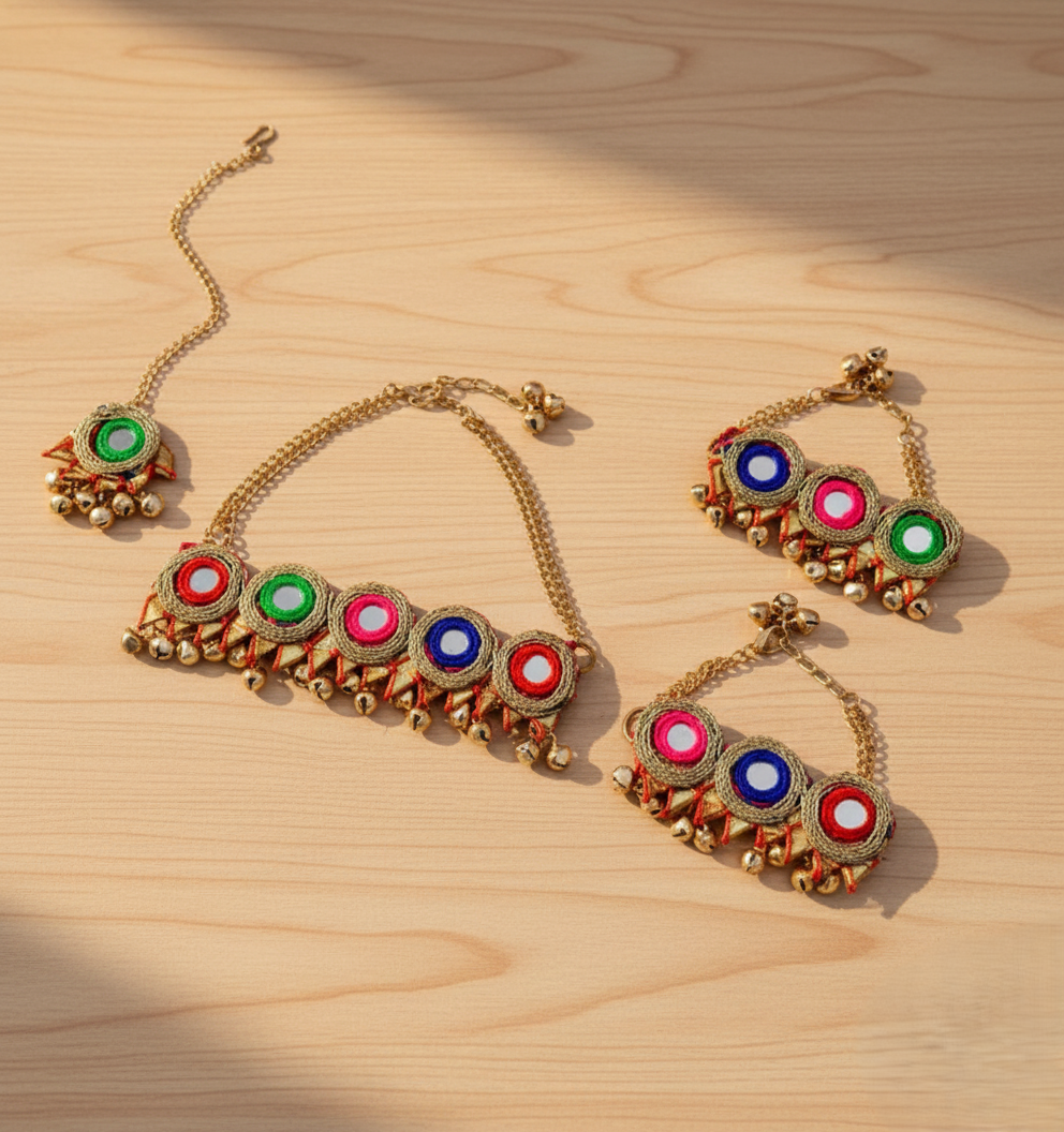 Kids Gota Mirror & Ghungroo Detailed Choker, Maang Teeka & 2 Bracelets Set