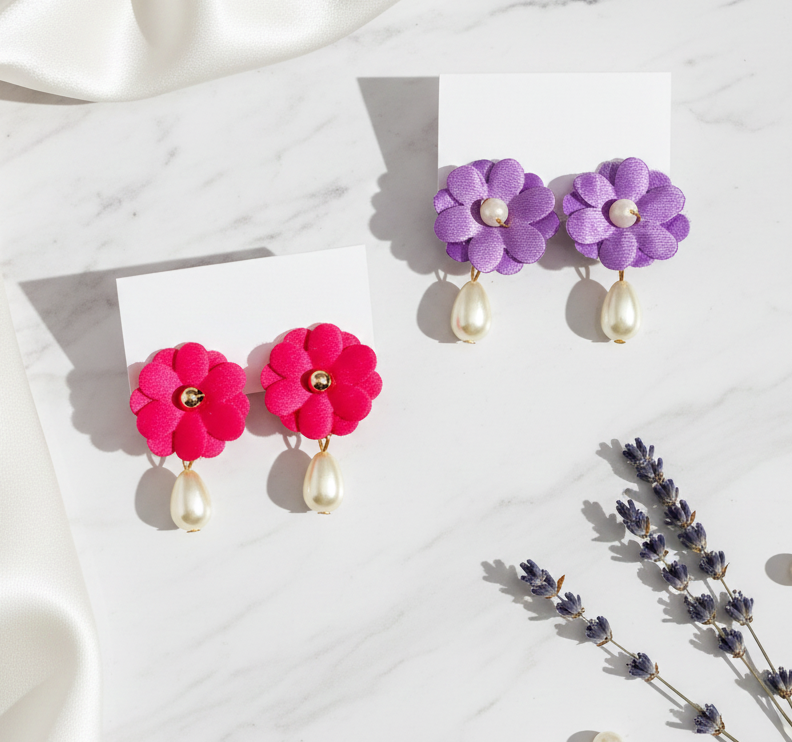 Kids Set of 2 Floral Clip-On Earrings with Pearl Drop