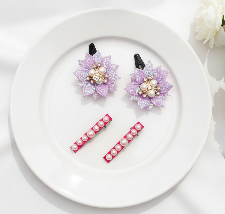 Kids Floral Pearly 2 Pairs Of Hair Clips - Mauve