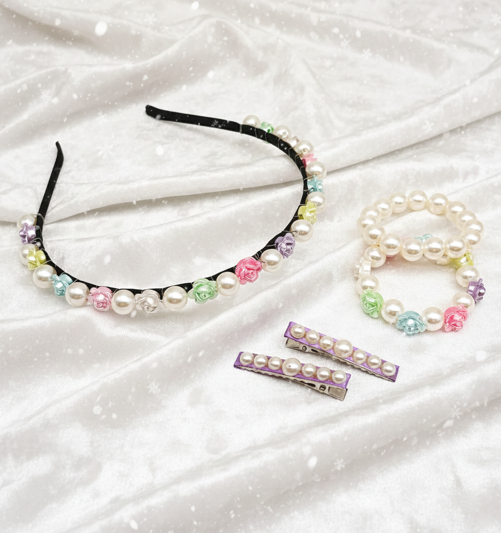 Kids Rose Beaded Necklace, Braclets & Hair Clips Set