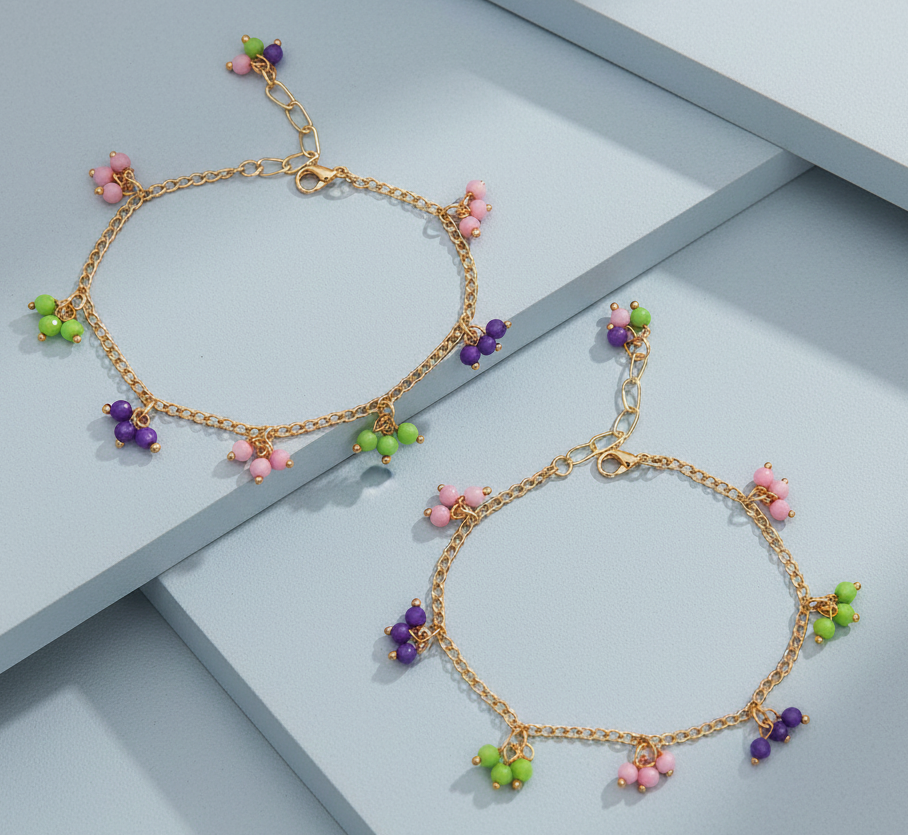 Kids Leheriya Kum-Kum Dangling Bead Anklets (Green)