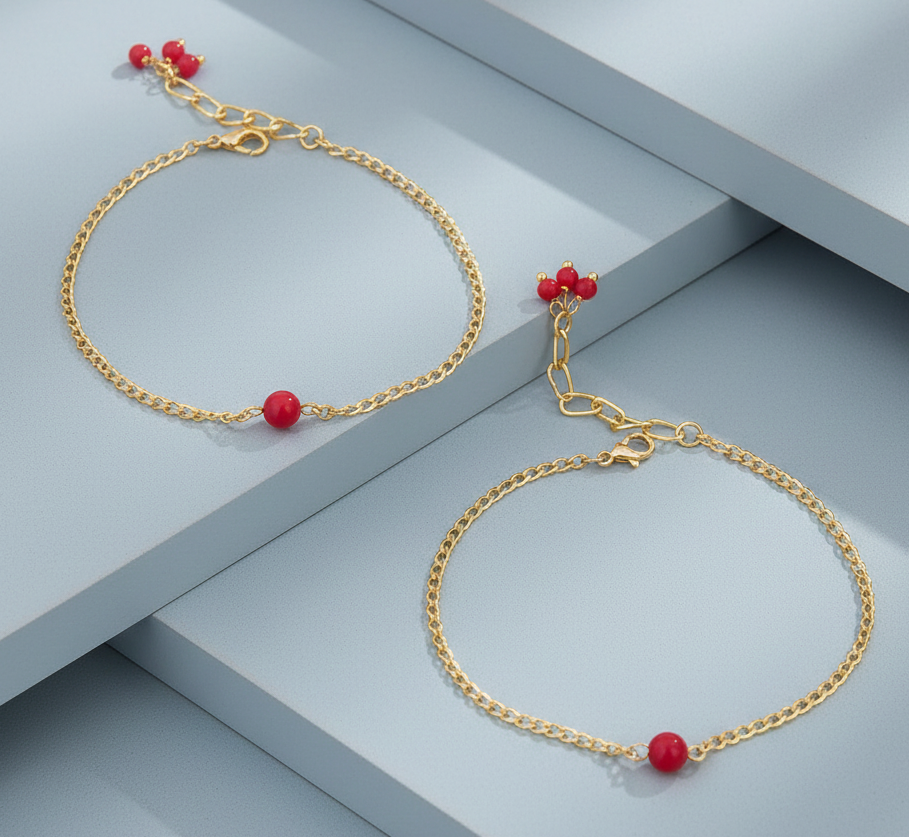 Kids Pearl Bead Detailed Anklets (Red)
