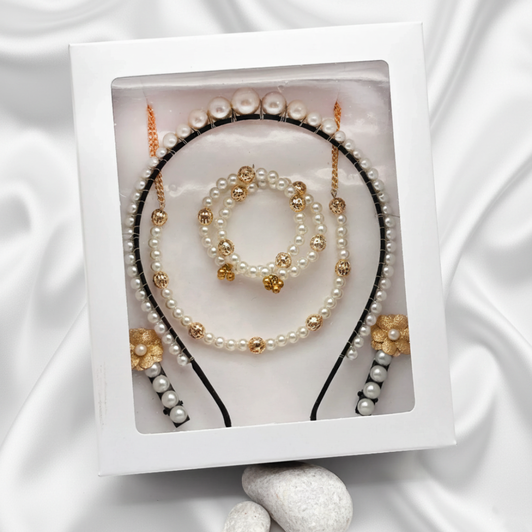 Gift Set Of All Pearls Necklace, 2 Bracelets, Hair Band & a pair of Hair Clips