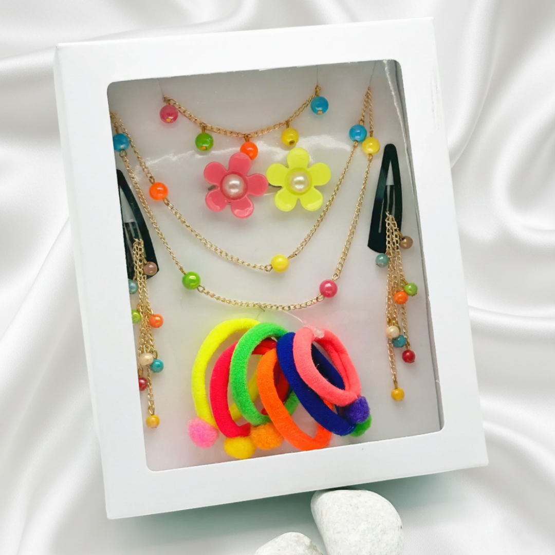 Gift Set Of Beaded Necklace, Bracelet & Dangling Clips, 2 Finger Rings & 6 Pom Pom Rubberbands