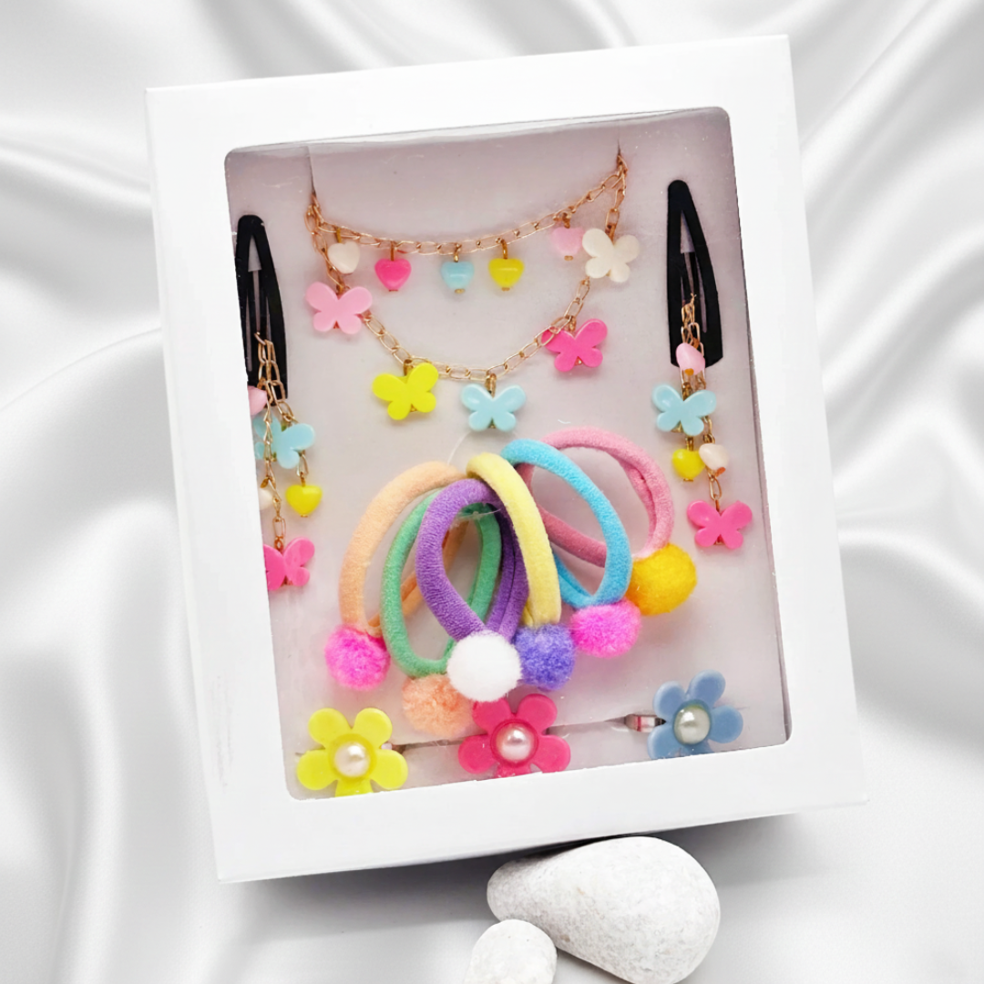 Gift Set Of Butterfly, Hearts Beaded Necklace, Bracelet & Dangling Clips, 3 Finger Rings & 6 Pom Pom Rubberbands
