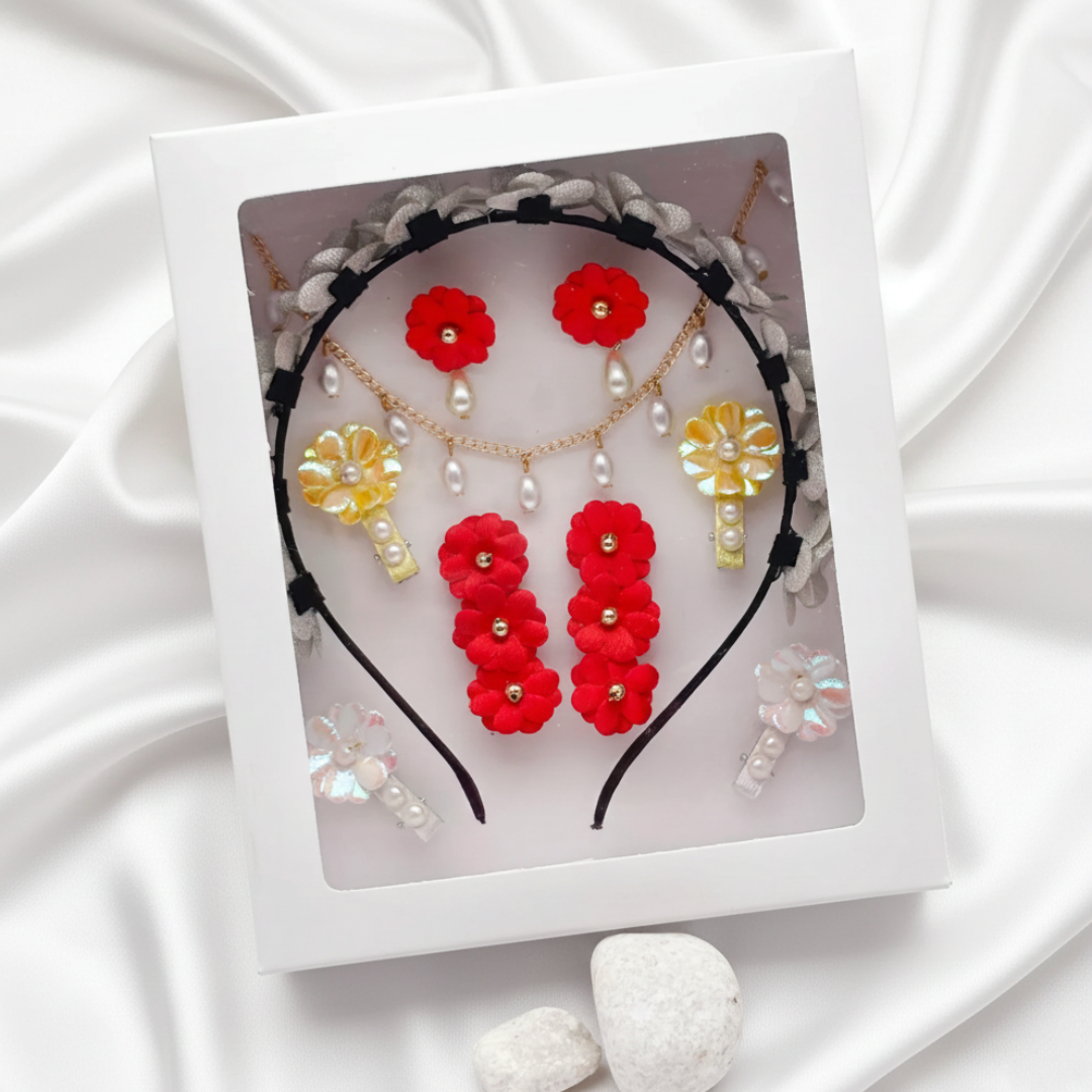 Gift Set Of Floral Tiara Hairband, 3 Pairs of Hair Clips, 1 Pearl Necklace & a pair Of Floral Clip On Earrings