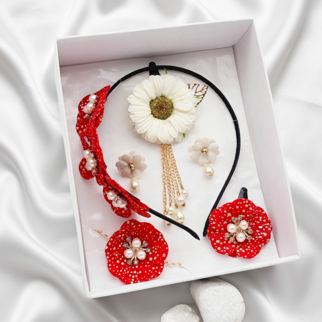 Gift Set Of Flower & Pearls Embellished Hairband, Bracelet, Hair Clip, Clip on Earrings & Dangling Sunflower Clip