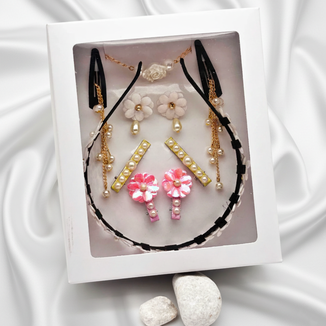 Gift Set Of Tiara Headband, Dangling Pearl Clips, 2 Pairs Pearl Hair Clips & Clip On Earrings