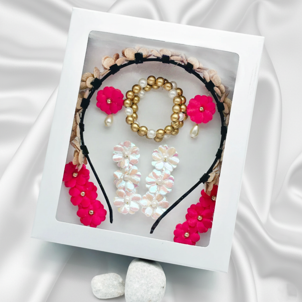 Gift Set Of Tiara Headband, Spiral Bracelet, 2 Pairs Floral Hair Clips & Clip On Earrings