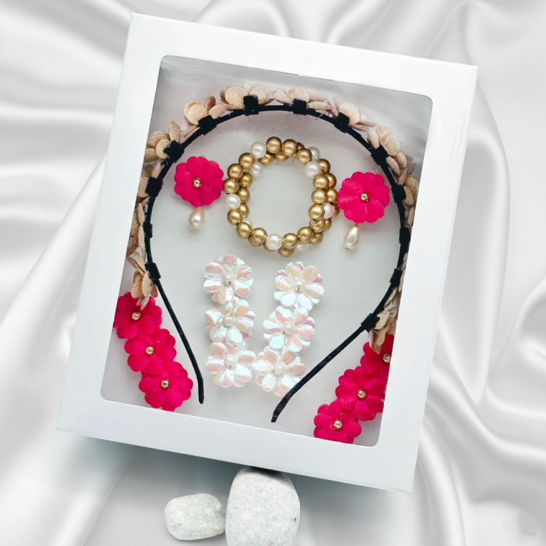 Gift Set Of Tiara Headband, Spiral Bracelet, 2 Pairs Floral Hair Clips & Clip On Earrings