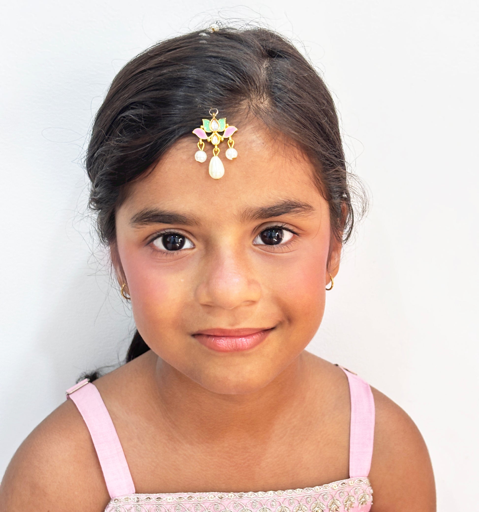 Kids Lotus Meenakari & Pearl Drop Maang Teeka- Light Pink, Green