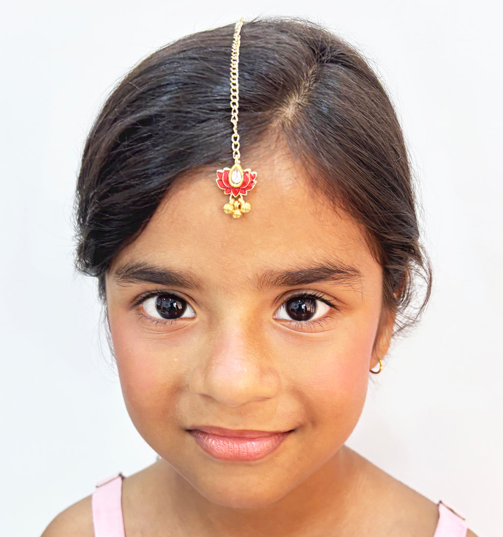 Lotus & Bead Detail Set Of 2 Maang Teekas- Red