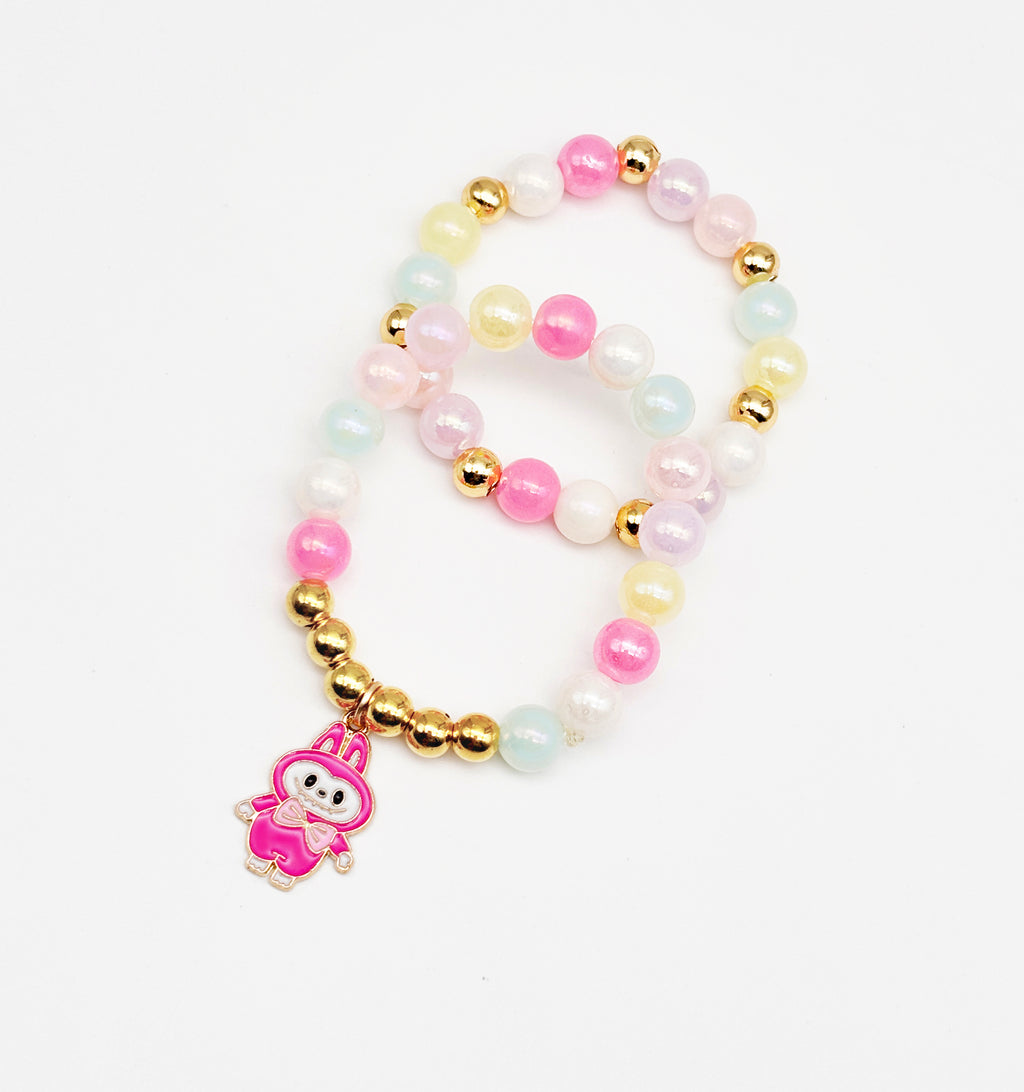 Labubu Charm Beaded Stretch Pastel Bracelet Set- Pink