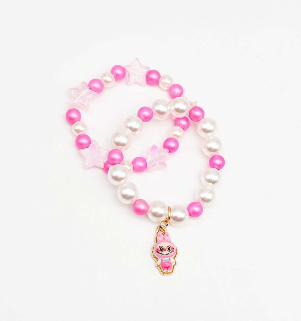Labubu Charm & Star Bead Bracelet Set- Pink, White