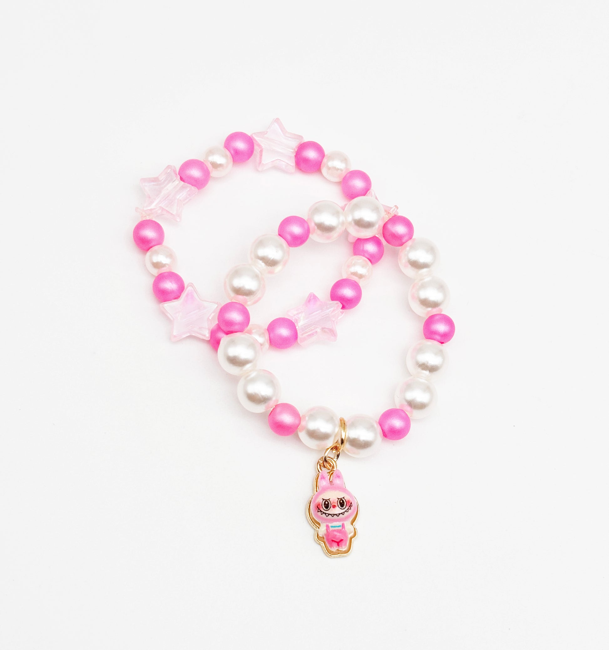 Labubu Charm & Star Bead Bracelet Set- Pink, White
