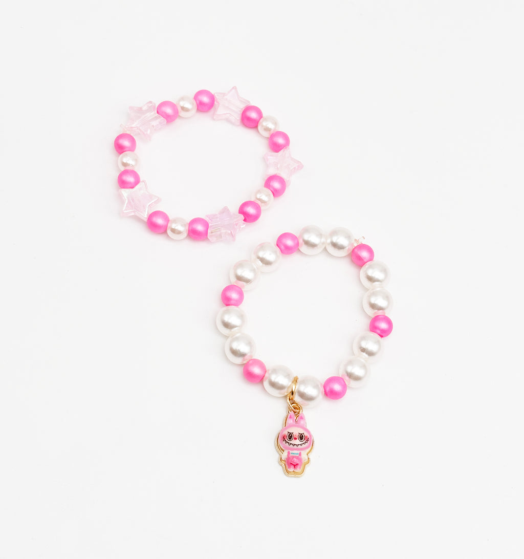 Labubu Charm & Star Bead Bracelet Set- Pink, White