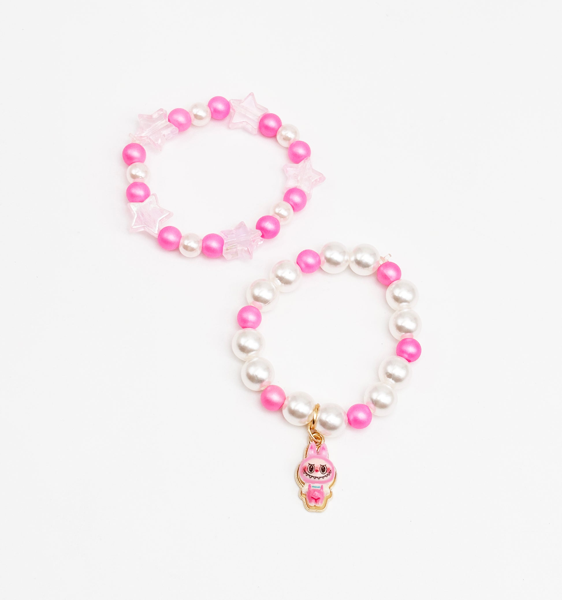 Labubu Charm & Star Bead Bracelet Set- Pink, White