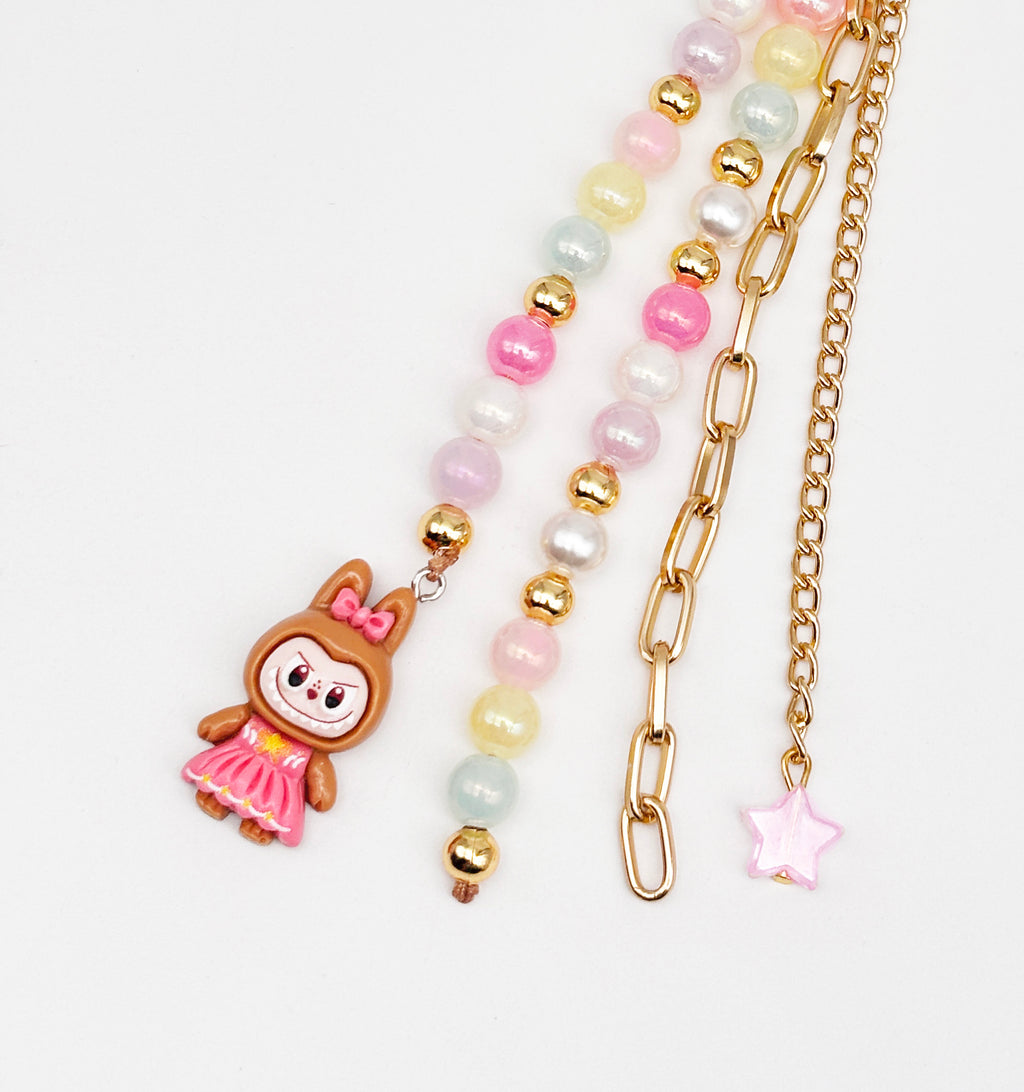 Labubu Charm & Beaded Bag Charm & Keychain- Brown, Gold