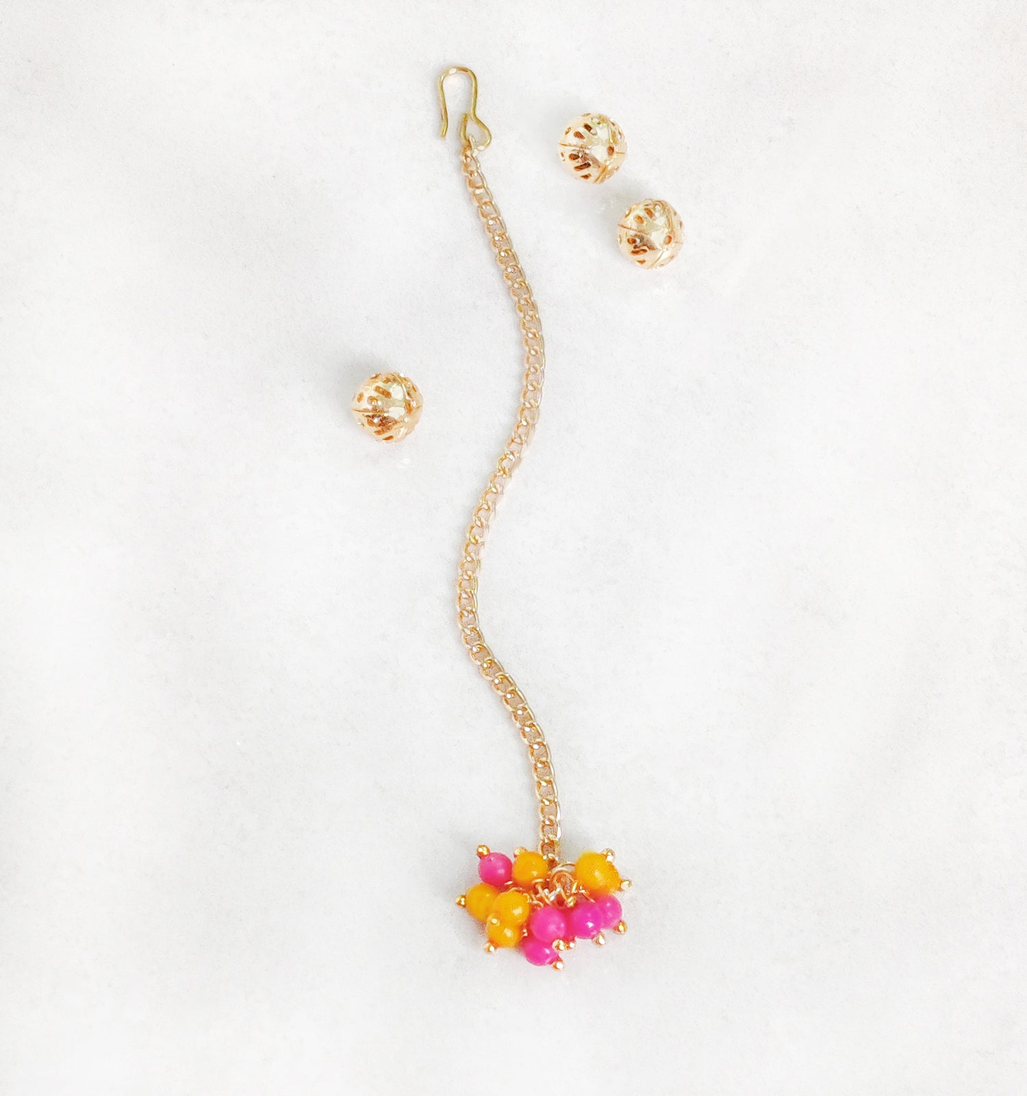 Beaded Maang Teeka- Dark Pink, Yellow