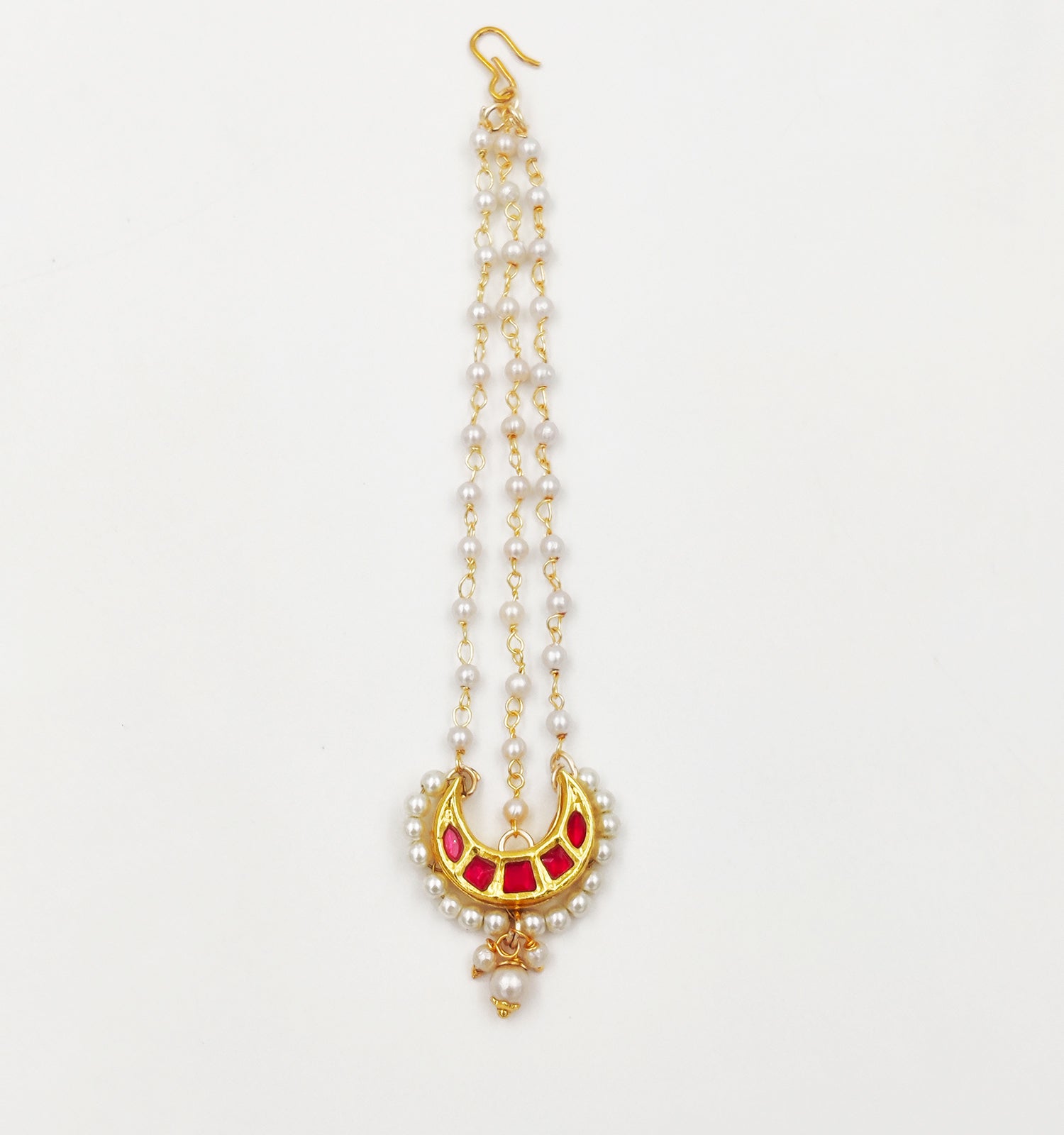Image of Chand Kundan & Pearls Passa Maang Teeka - Dark Pink