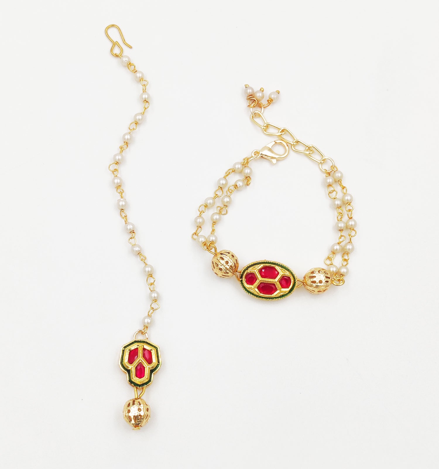 Misaal Kohinoor Kundan Maang Teeka & Bracelet Set - Dark Pink