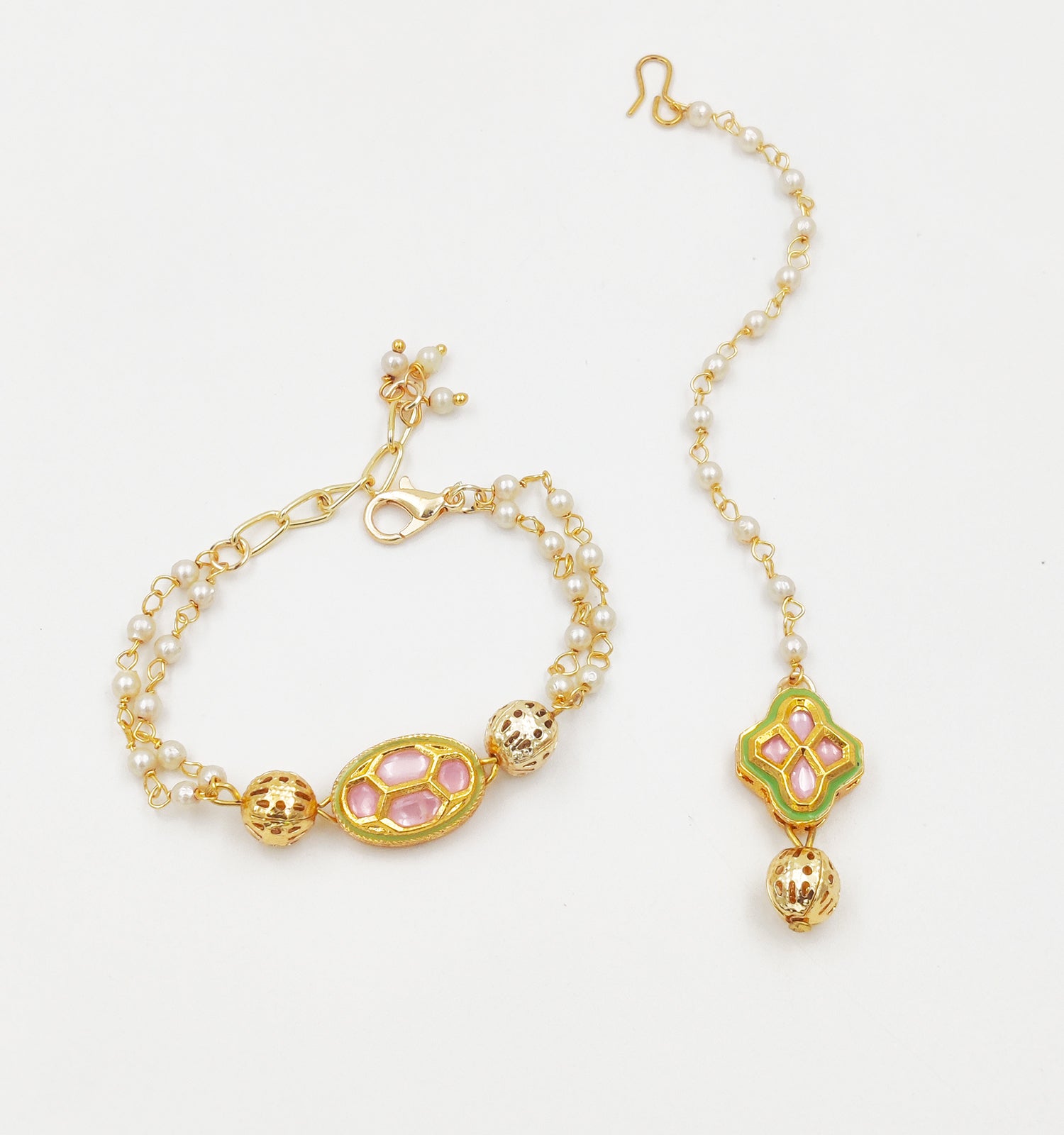 Misaal Kohinoor Kundan Maang Teeka & Bracelet Set - Pink