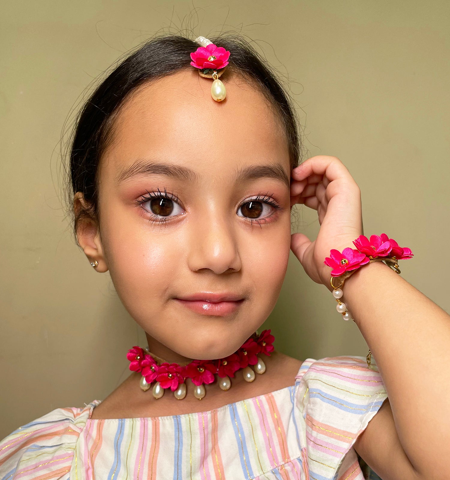 Lavanya Floral Necklace, 2 Bracelets & Maang Teeka Set - Magenta