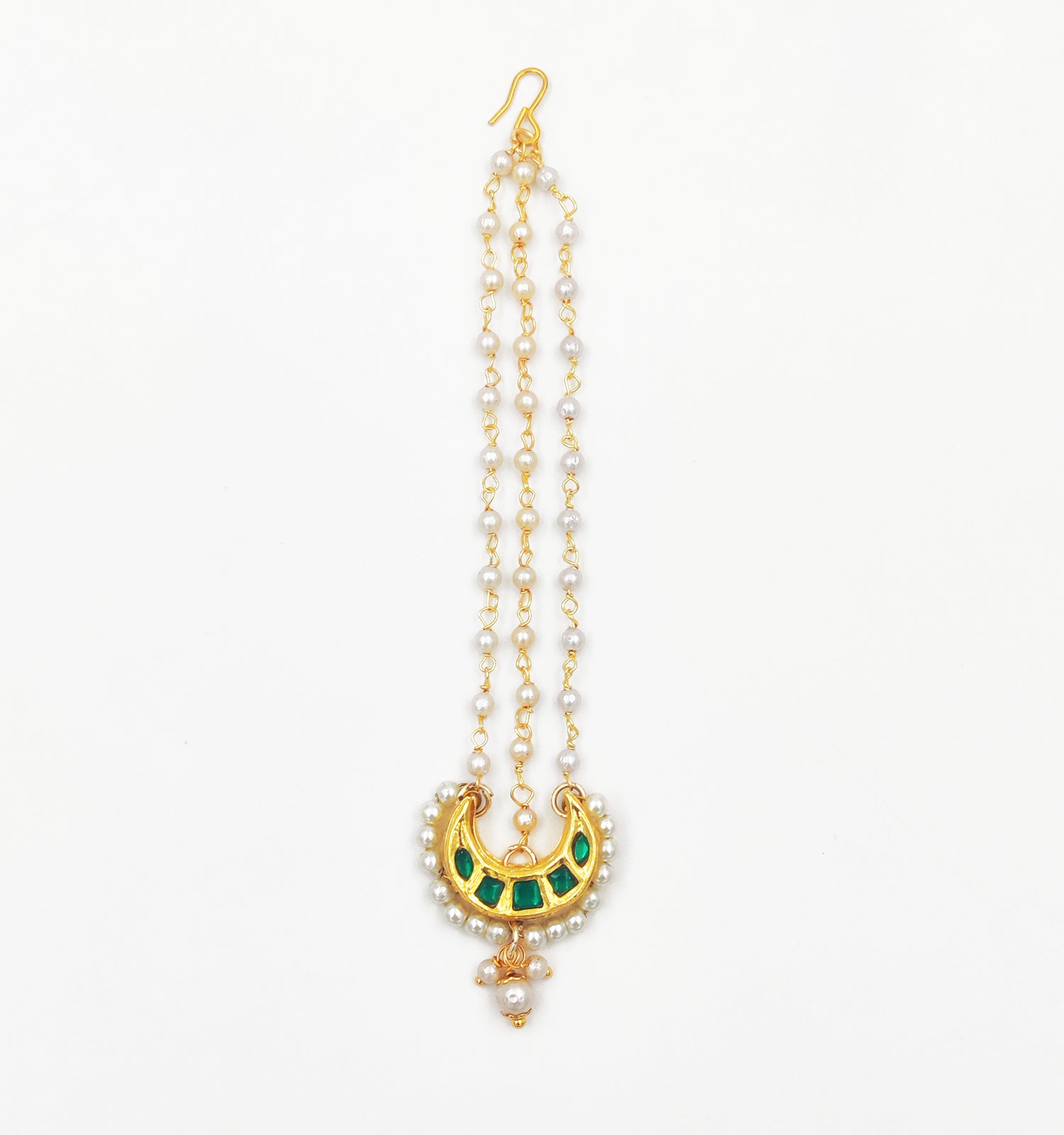Chand Kundan & Pearls Passa Maang Teeka - Dark Green