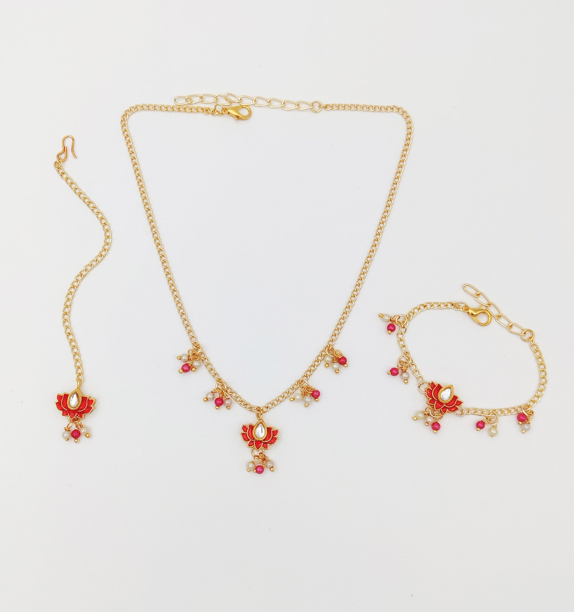 Lotus Meenakari Lotus Necklace, Bracelet & Maang Teeka Set