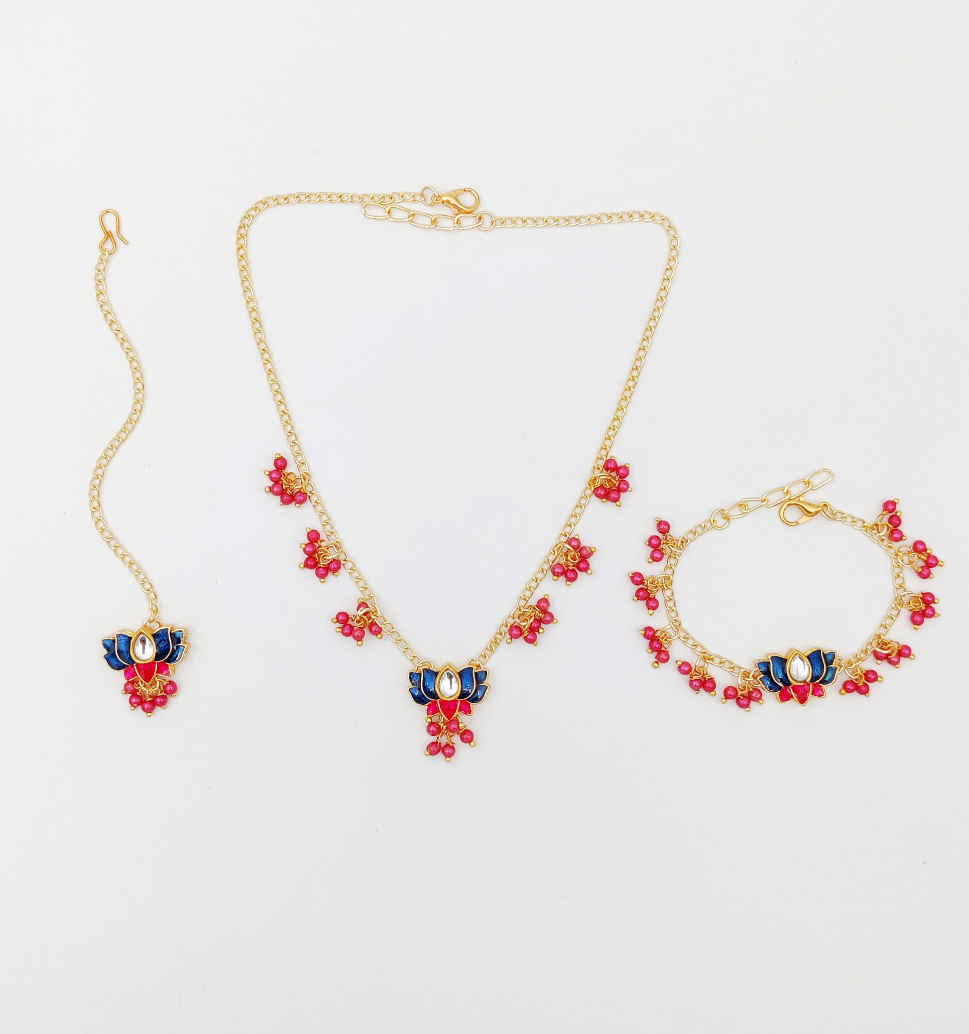 Lotus Meenakari Lotus Necklace, Bracelet & Maang Teeka Set (Blue)