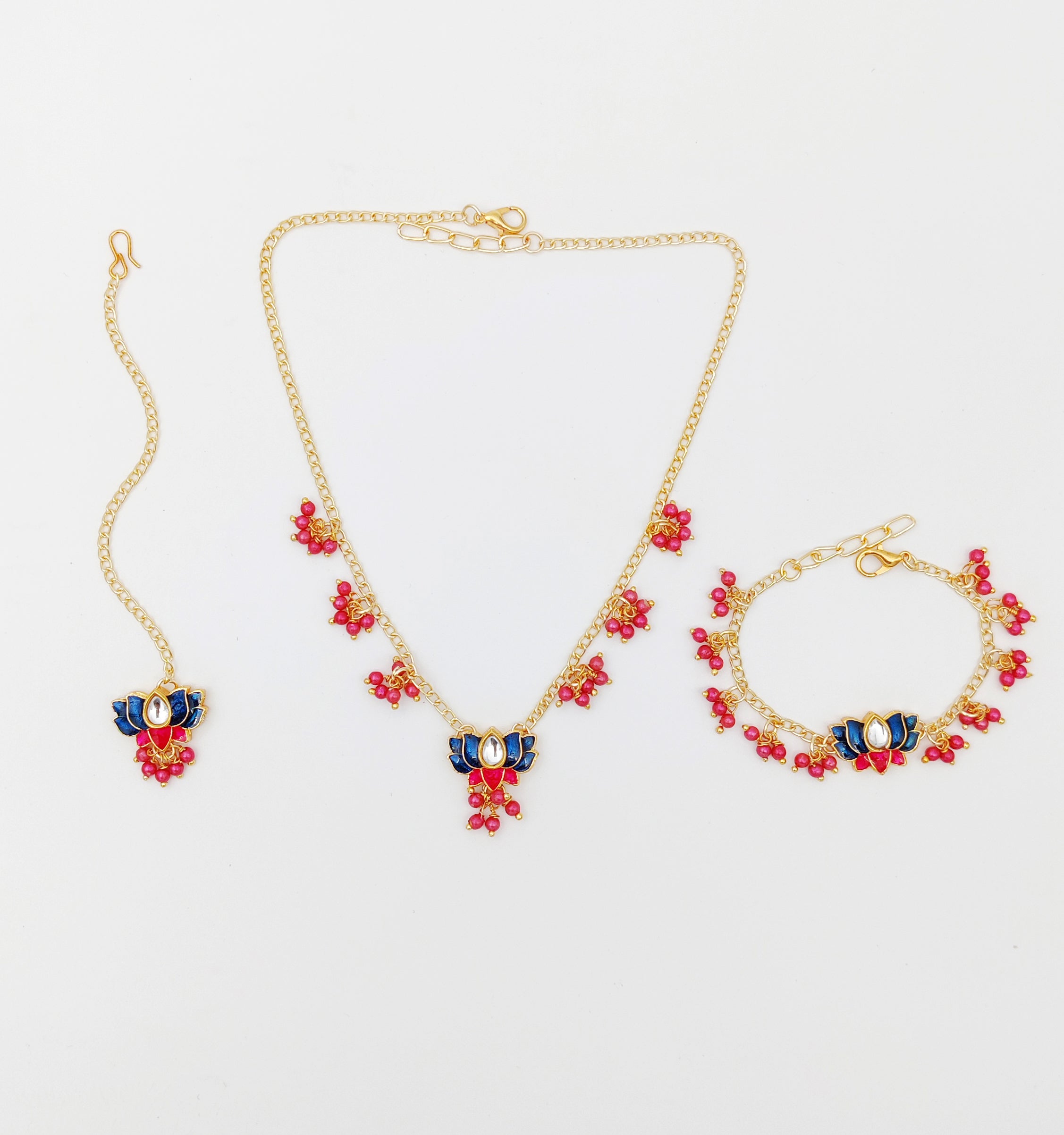 Image of Lotus Meenakari Lotus Necklace, Bracelet & Maang Teeka Set