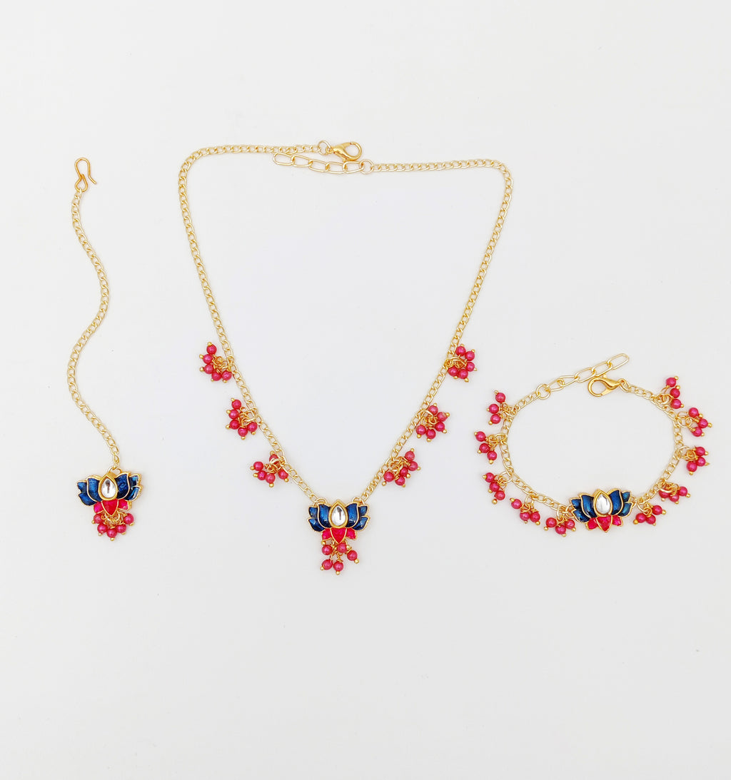 Lotus Meenakari Lotus Necklace, Bracelet & Maang Teeka Set