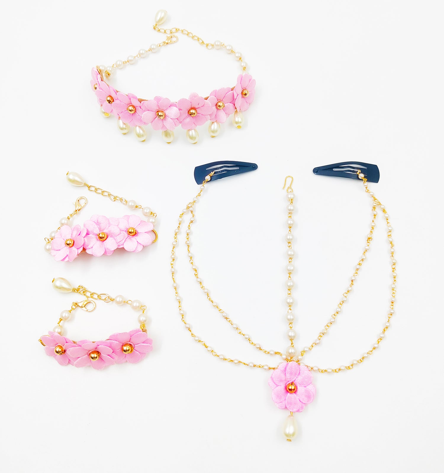 Nargis Floral Head Chain, 2 Bracelets & Necklace Set - Light Pink